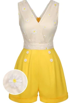Discount Retro Stage 1950s V-Neck Daisy Mesh Romper Yellow