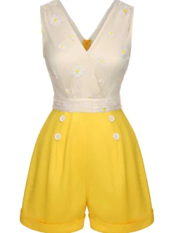 Discount Retro Stage 1950s V-Neck Daisy Mesh Romper Yellow