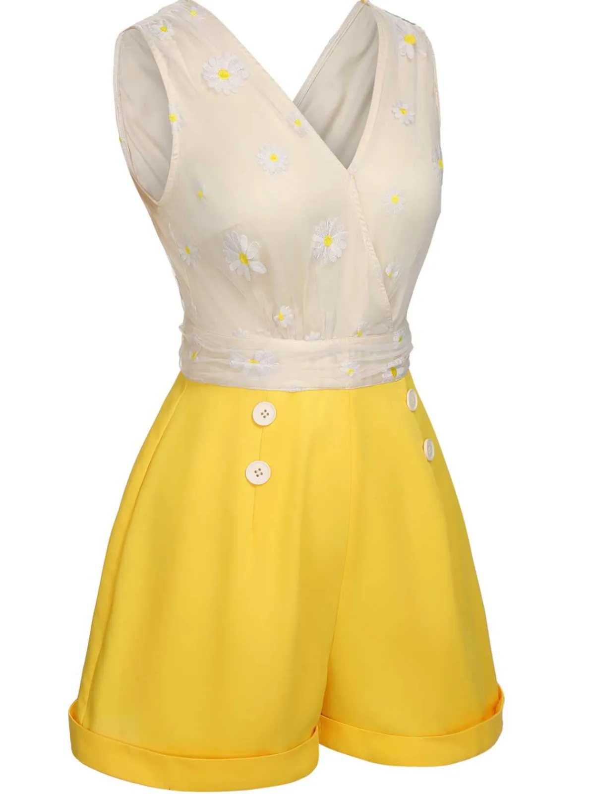 Discount Retro Stage 1950s V-Neck Daisy Mesh Romper Yellow