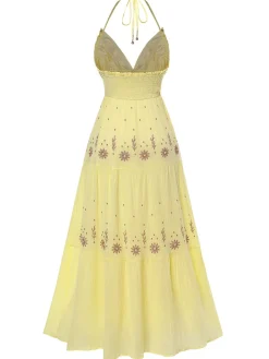 Hot Retro Stage 1930s V-Neck Embroidered Floral Dress Yellow