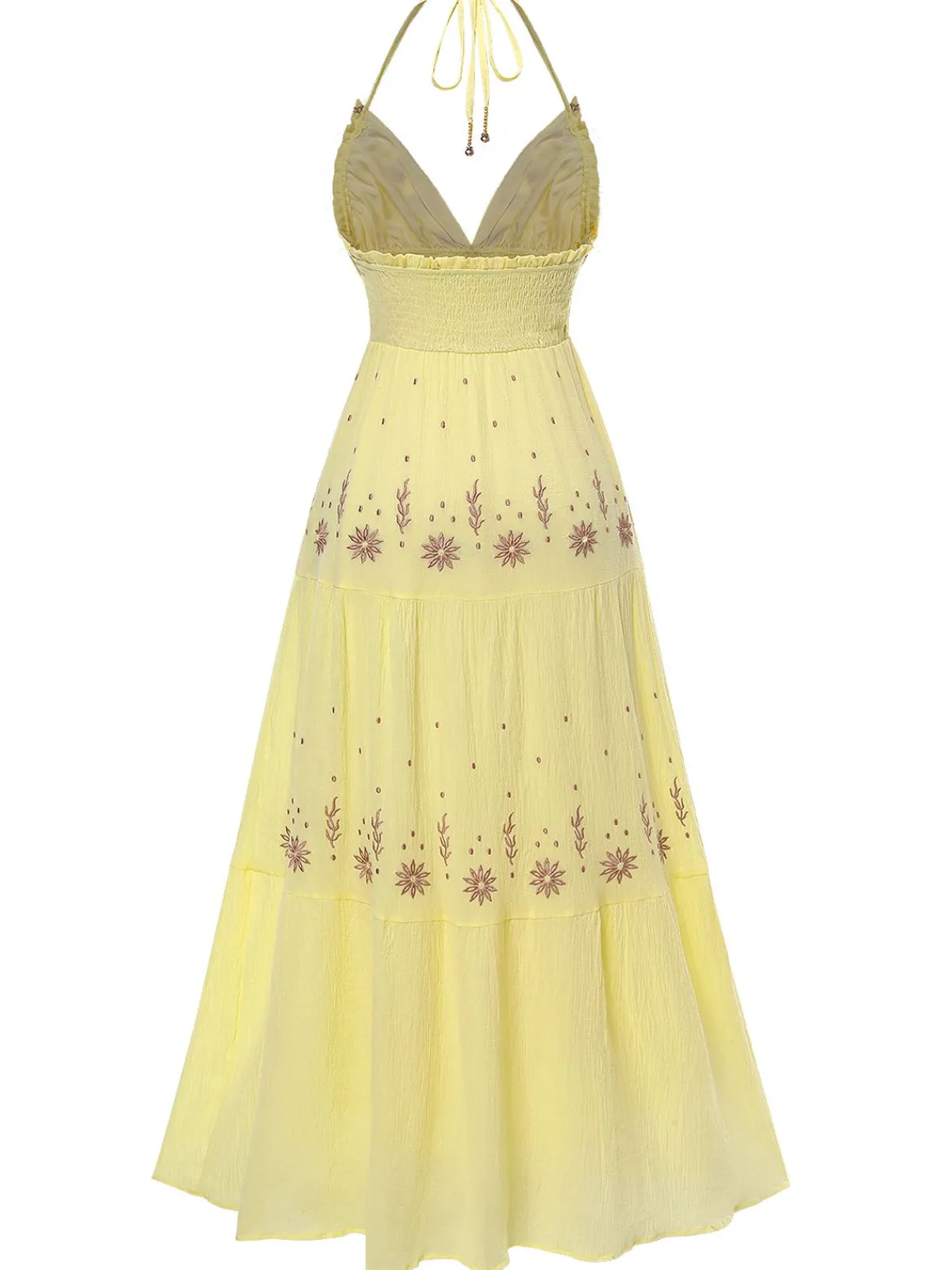 Hot Retro Stage 1930s V-Neck Embroidered Floral Dress Yellow