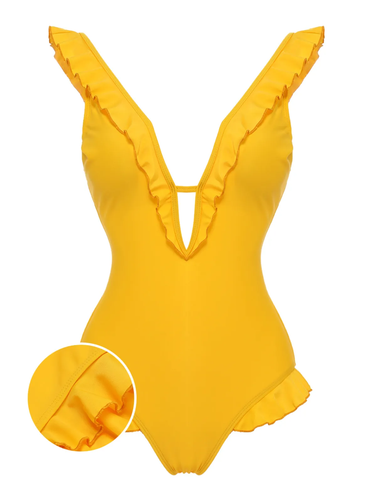 Online Retro Stage 1930s V-Neck One-piece Swimsuit Yellow