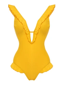 Online Retro Stage 1930s V-Neck One-piece Swimsuit Yellow