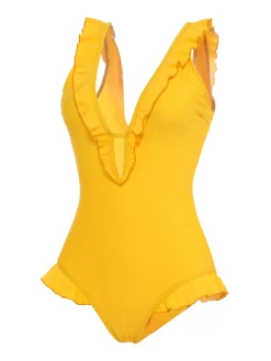 Online Retro Stage 1930s V-Neck One-piece Swimsuit Yellow