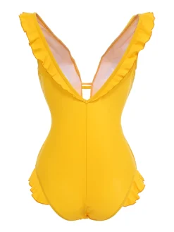 Online Retro Stage 1930s V-Neck One-piece Swimsuit Yellow