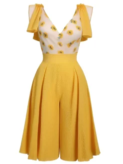 Clearance Retro Stage 1940s V-Neck Sunflower Patchwork Jumpsuit Yellow